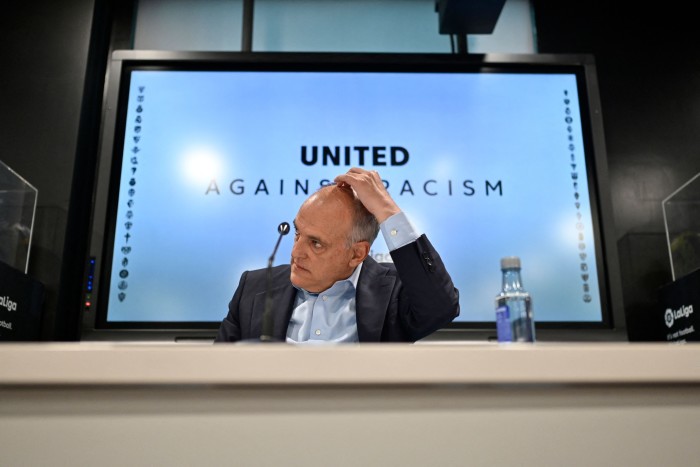Javier Tebas gestures as he gives a press conference