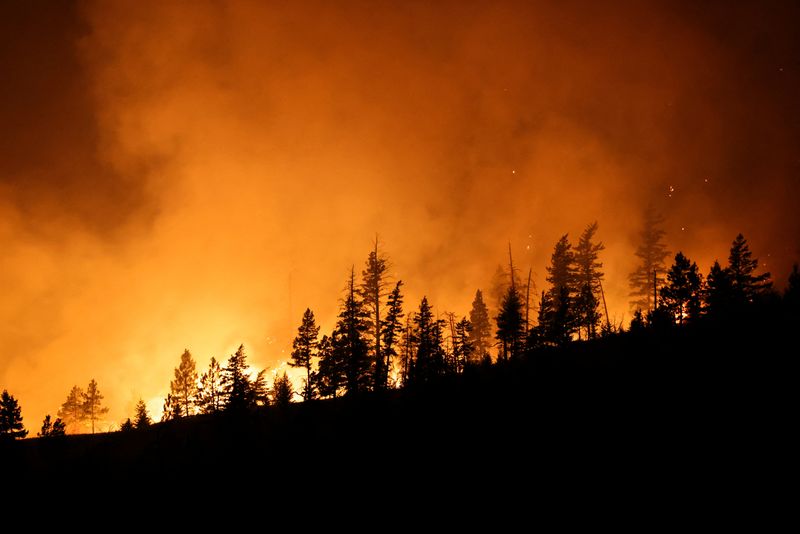 © Reuters. Flames from the Shetland Creek wildfire are seen from Highway 1 outside Ashcroft, British Columbia, Canada, where 2,000 people are on evacuation alert in the the province's southern interior, July 19, 2024. REUTERS/Jesse Winter