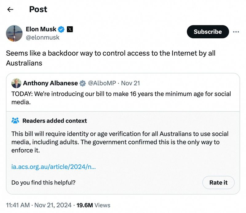 © Reuters. A screengrab shows a post on X from Elon Musk regarding an Australian bill to regulate social media on November 21, 2024, in this picture obtained from social media. Elon Musk Via X/via REUTERS