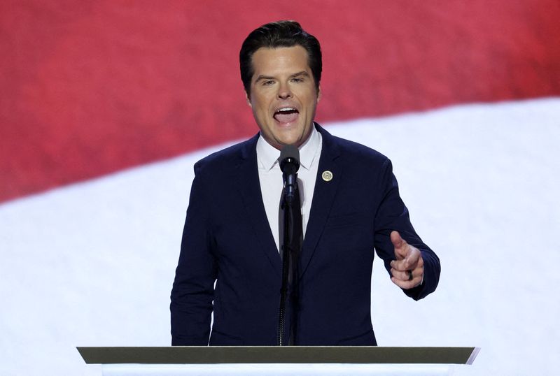 © Reuters. FILE PHOTO: Matt Gaetz speaks on Day 3 of the Republican National Convention (RNC), at the Fiserv Forum in Milwaukee, Wisconsin, U.S., July 17, 2024. REUTERS/Mike Segar/File Photo