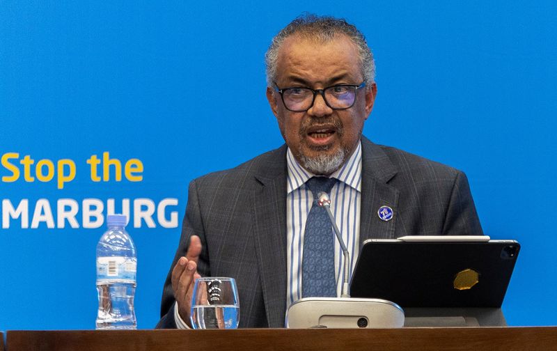 © Reuters. FILE PHOTO: World Health Organization Director-General Tedros Adhanom Ghebreyesus addresses a press conference on the Marburg virus outbreak at the Kigali Convention Center in Kigali, Rwanda, October 20, 2024. REUTERS/Jean Bizimana/File Photo