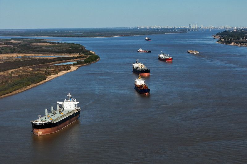 © Reuters. FILE PHOTO: A drone view shows ships used to carry grains for export on the Parana River, in Rosario, Argentina August 9, 2024. REUTERS/Matias Baglietto/File photo