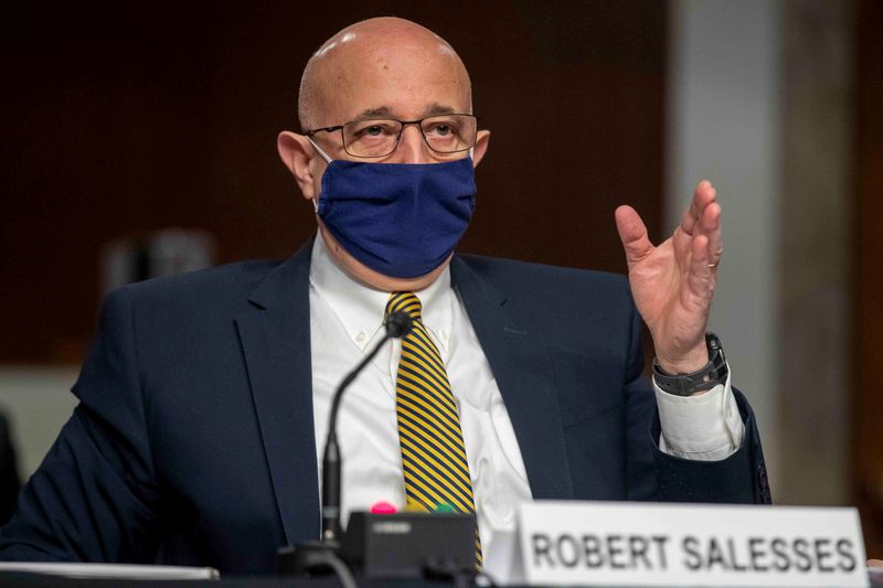 © Reuters. FILE PHOTO: Senior Department of Defense Official for Homeland Defense and Global Security Robert Salesses  testifies before the Senate Homeland Security and Governmental Affairs/Rules and Administration hearing to examine the January 6, 2021 attack on the U.S. Capitol on Capitol Hill in Washington, U.S. March 3, 2021.  Shawn Thew/Pool via REUTERS/File Photo